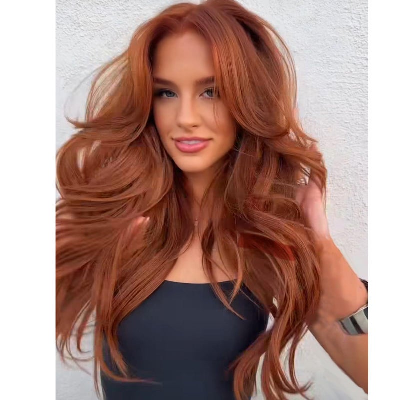Aisaide Auburn Wig with Bangs Long Wavy Copper Red Layered Wig with Curtain Bangs for White Black WomenSynthetic Reddish Brown Layered Long Wavy Shaggy for Women 24inch